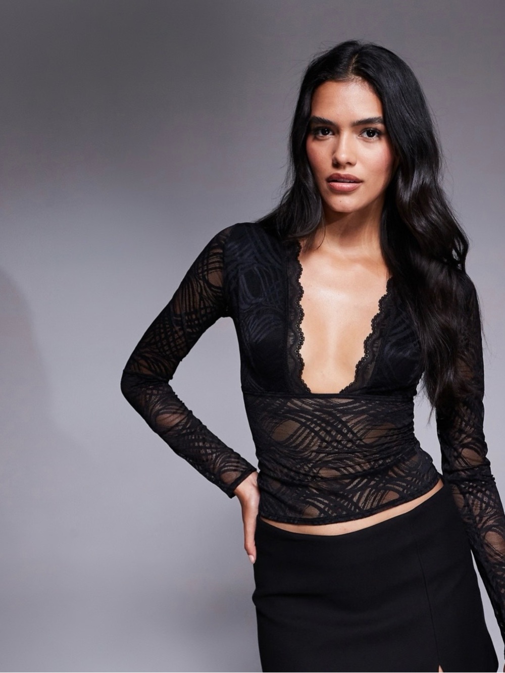 OW Collection Lexi Black Long Sleeve Lace Blouse Top NWT Size M - Picture 2 of 16
